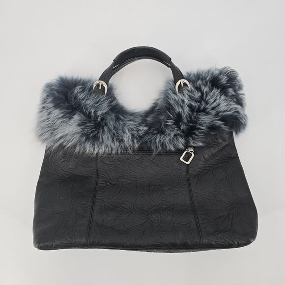 Galaday Removeable‎ Fur Detail Crinkle Leather Handbag Shoulder Purse Tote Black - Picture 2 of 16